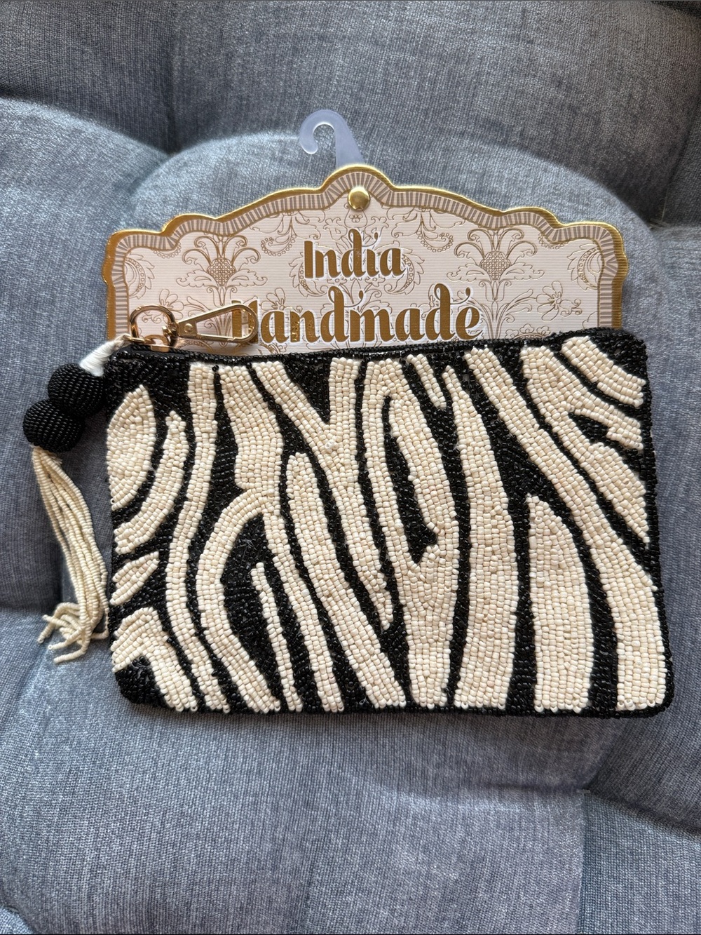 Handmade in India Beaded Zebra Print Clutch - Black & Cream